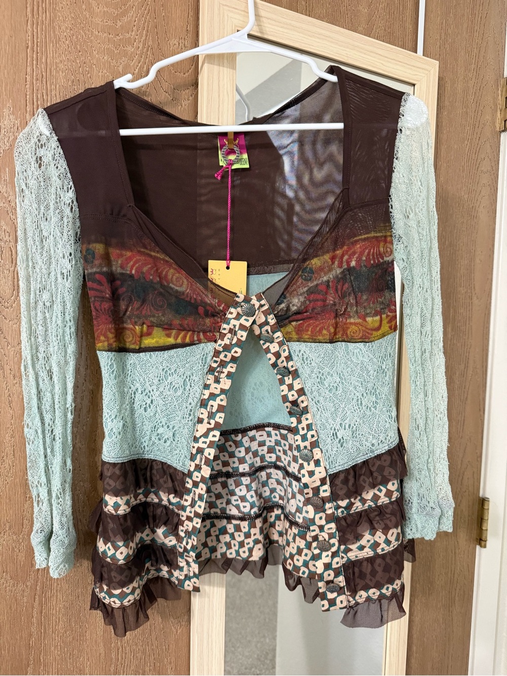Save The Queen Mint Lace & Brown Layered Long Sleeve Top